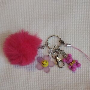 Pink Fluffy Pom Pom Keychain with Flower Charm